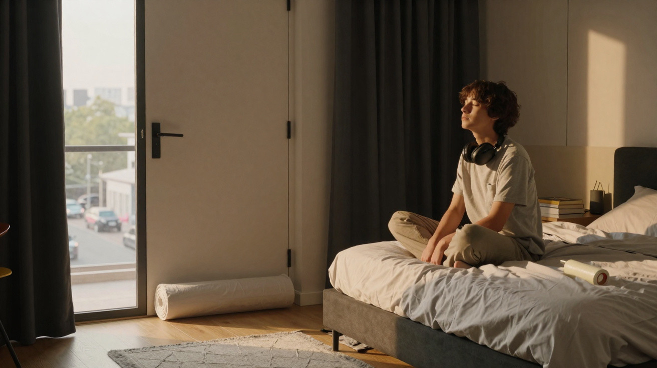 Young person with headphones around their neck sitting cross-legged on a bed in a sunlit bedroom.