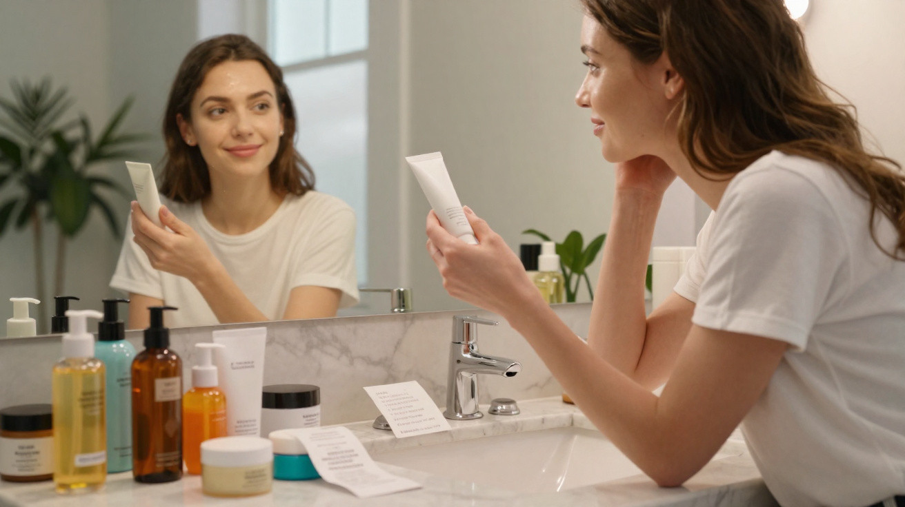 Young woman in white t-shirt holding a skincare tube, looking at her reflection in a bathroom mirror.