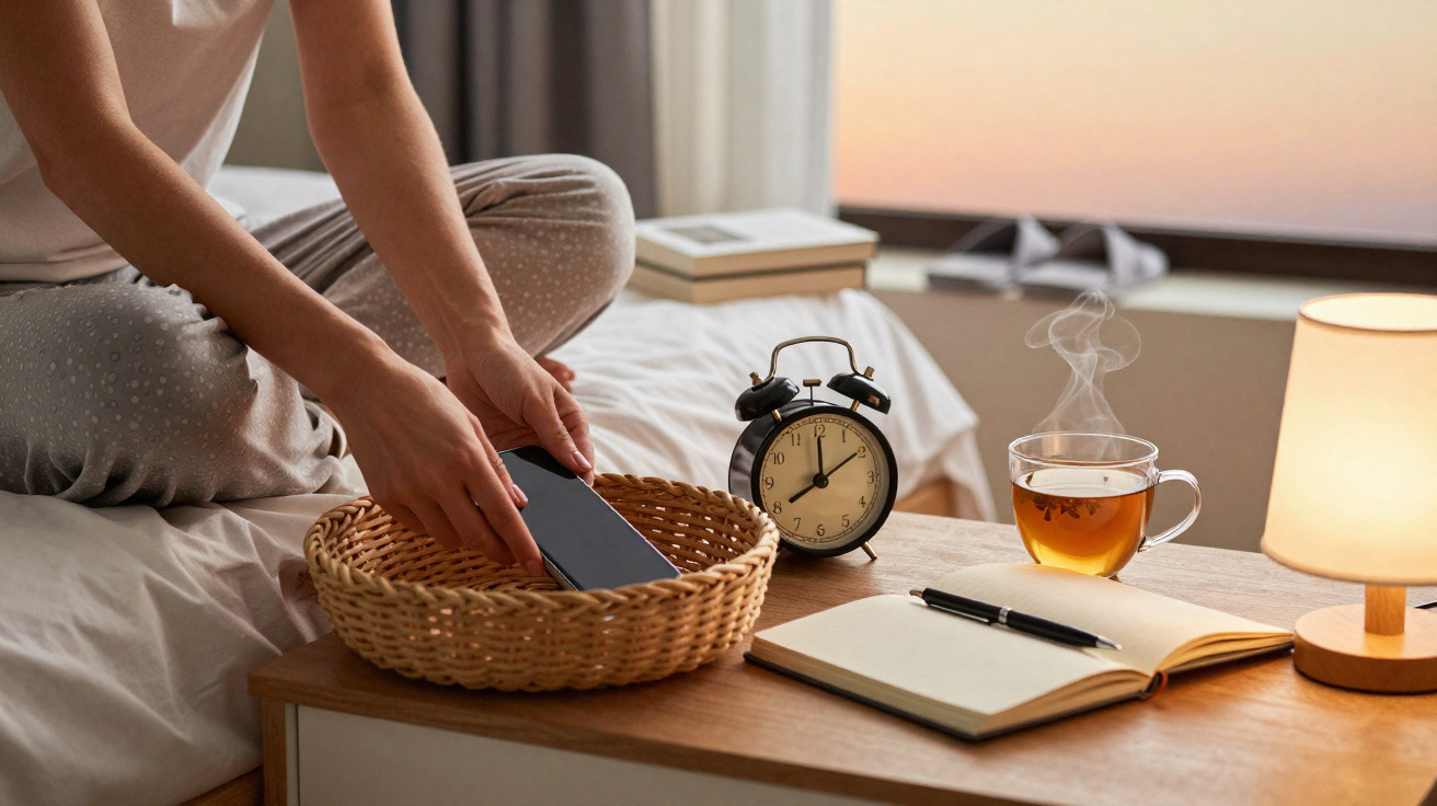 Person in pyjamas placing a phone in a basket next to a steaming cup of tea, alarm clock, and open notebook on a bedside tabl