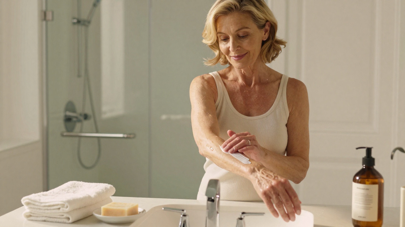 Middle-aged woman applying cream to her arm in a bright bathroom with towels and soap nearby