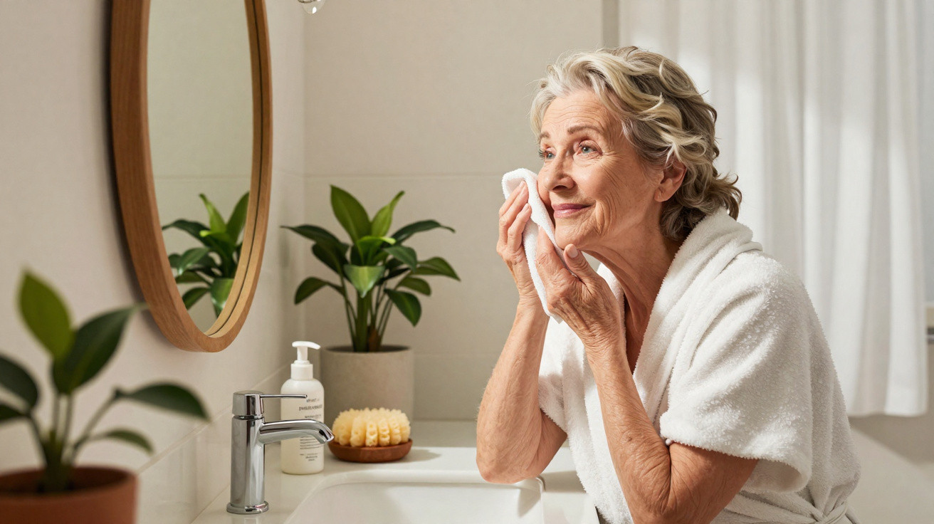 Elderly woman in white robe gently cleansing her face in a bright bathroom with plants and mirror.