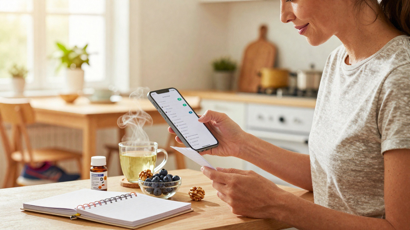 Woman using smartphone and holding paper in kitchen with open notebook, bowl of blueberries, tea, and vitamins on table.