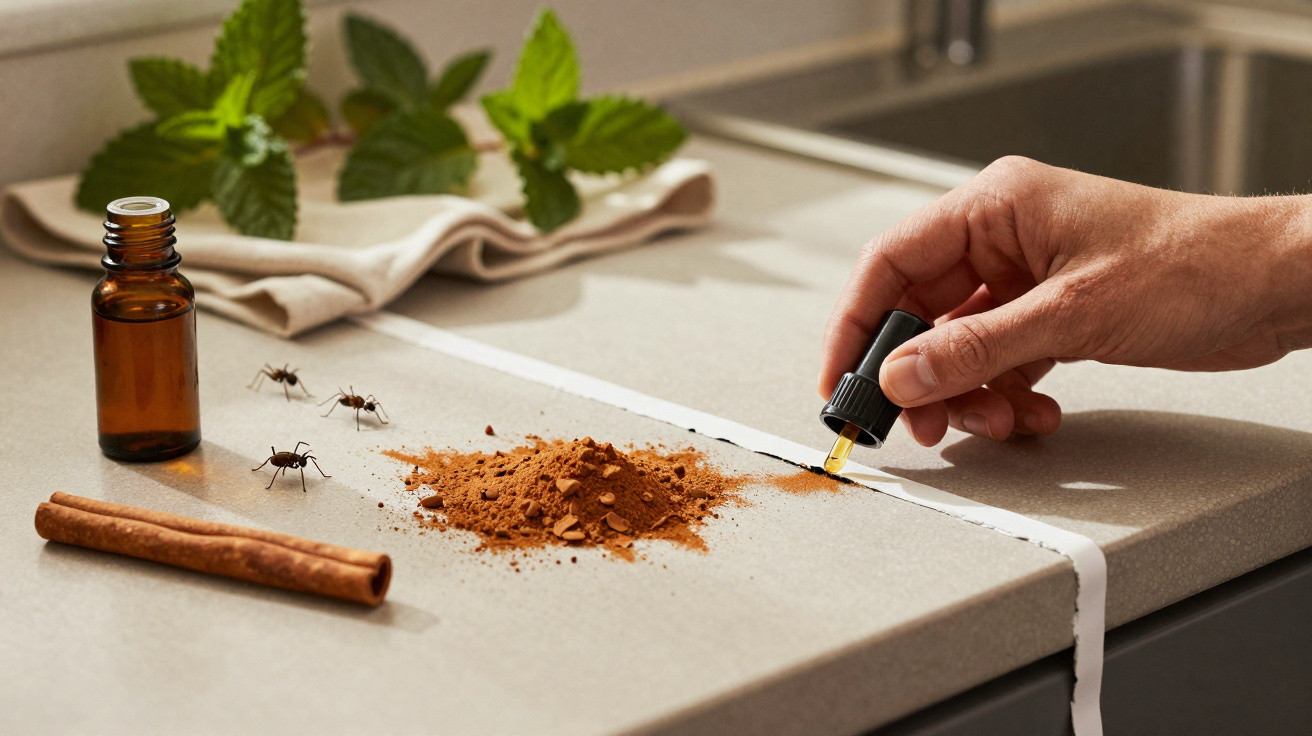 Hand placing a dropper with liquid on a kitchen counter near ants, cinnamon, and a brown bottle.