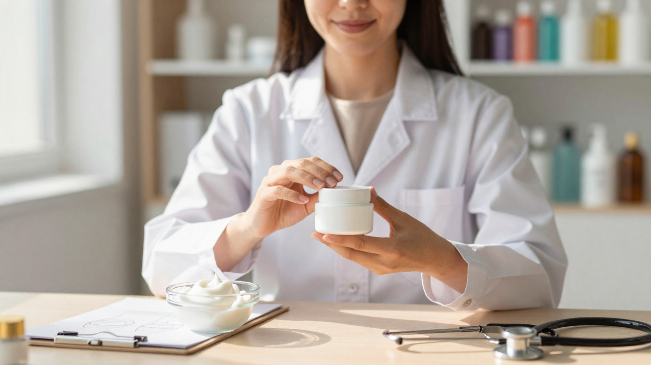 A woman in a white lab coat holding a jar of cream with skincare products and a stethoscope on the table.