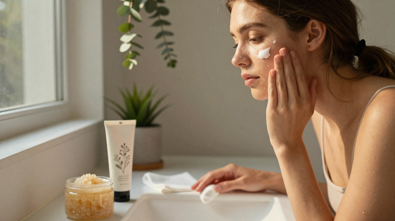 Woman applying face cream in a bright bathroom with skincare products on the windowsill.