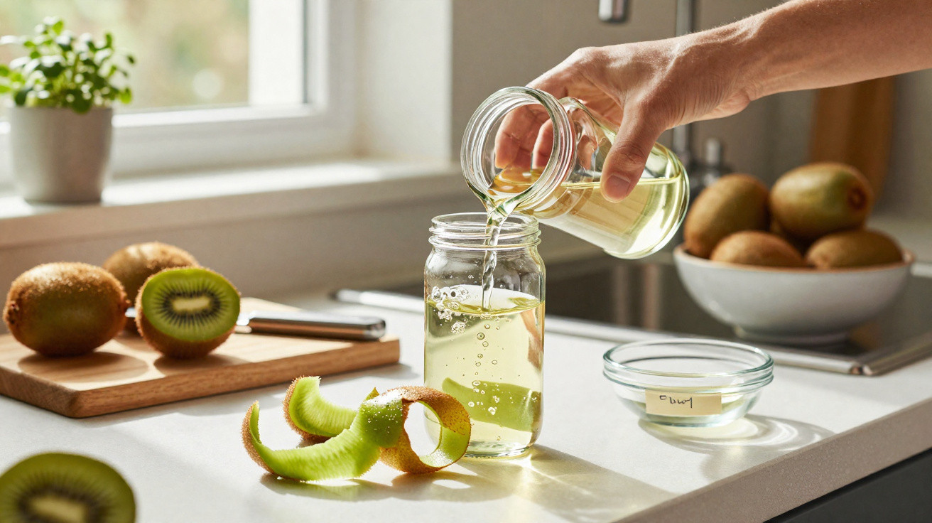 Person pouring liquid from a jar into a glass jar on a kitchen counter with kiwi fruits and a peeler nearby.
