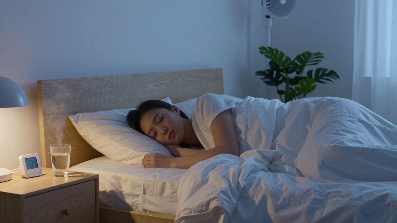 Woman sleeping peacefully in bed at night with a bedside table, lamp, clock, and glass of water nearby