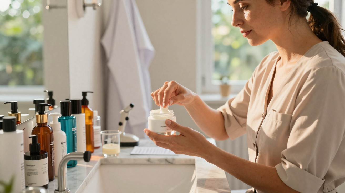 Woman in a beige blouse scooping cream from a jar in a bright bathroom with skincare products on the counter
