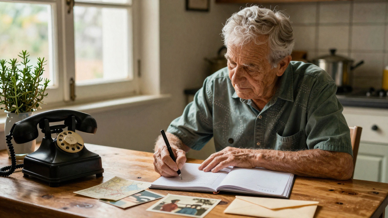 Elderly man writing in a notebook at a wooden table with photographs and a vintage rotary phone nearby.