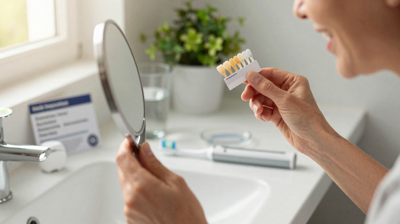 Person holding a dental shade guide and a mirror near a bathroom sink with a toothbrush in the background.