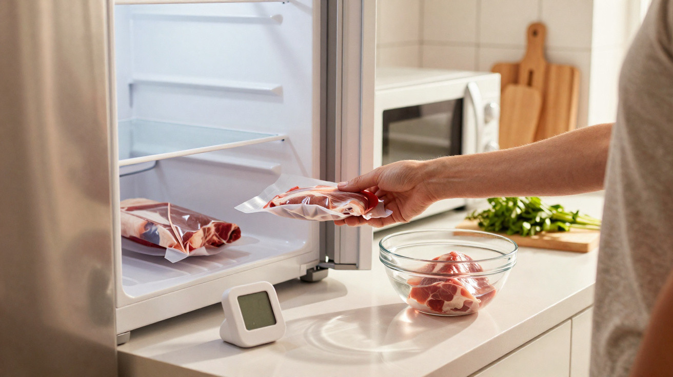 Person placing vacuum-sealed raw meat into a fridge with more meat in a bowl on the counter nearby.
