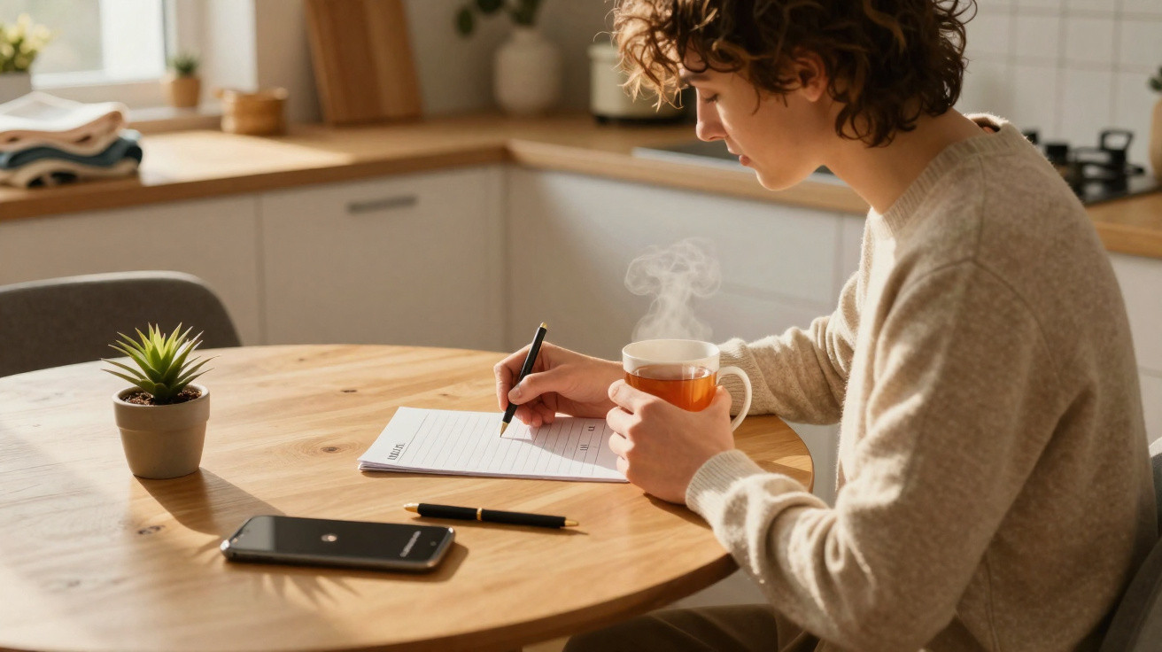Person writing on paper while holding a steaming cup of tea at a wooden kitchen table.
