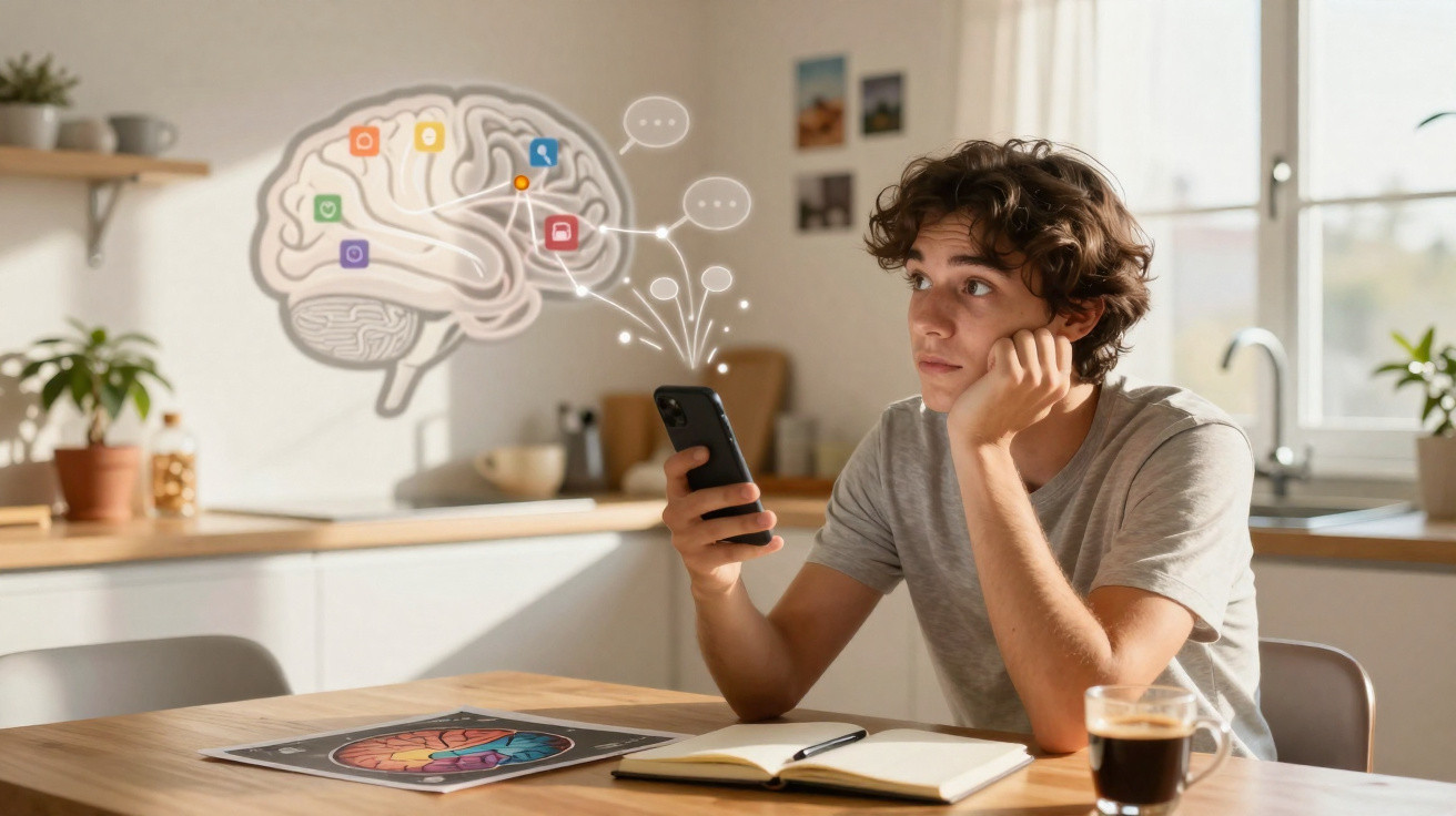 Teenager sitting at kitchen table holding smartphone, with digital brain and app icons floating nearby.