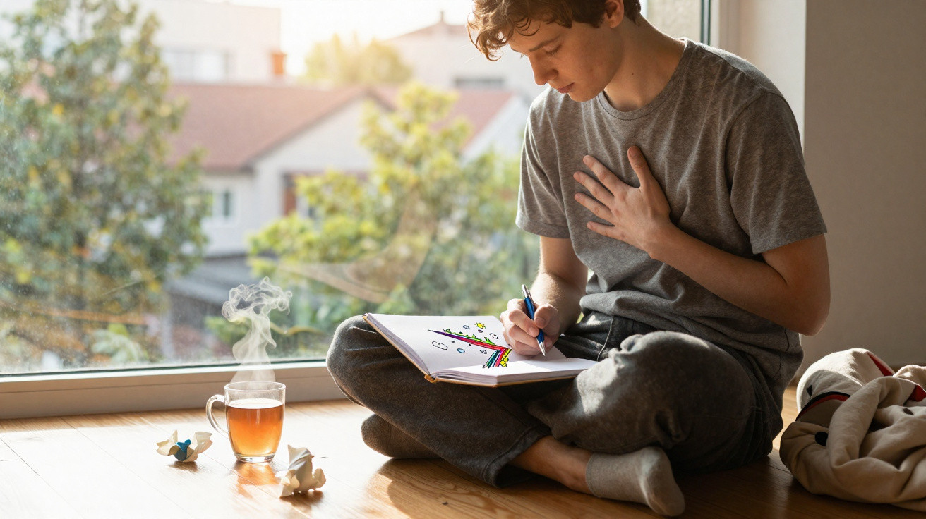 Young person sitting by a window sketching in a notebook with a steaming cup of tea nearby and crumpled paper on the floor.