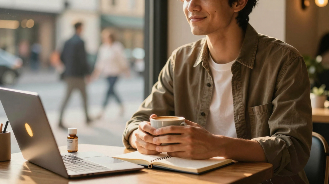 Young man sitting at a table holding a cup with a laptop and notebook in front of him in a café.
