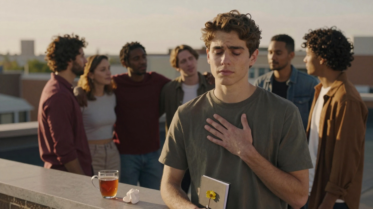 Young man holding a photo and flower looks emotional while friends talk together in the background on a rooftop.