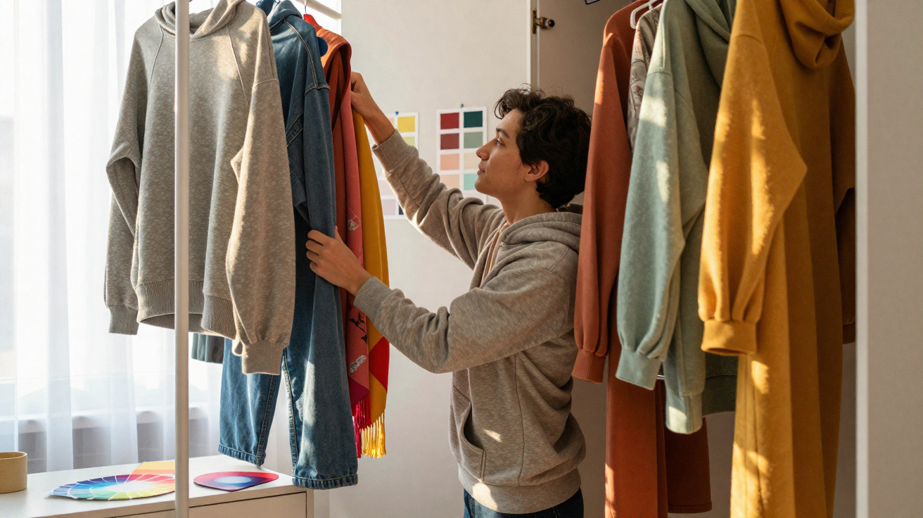 Person selecting clothes from a rack in a well-lit room with colour swatches on the wall.