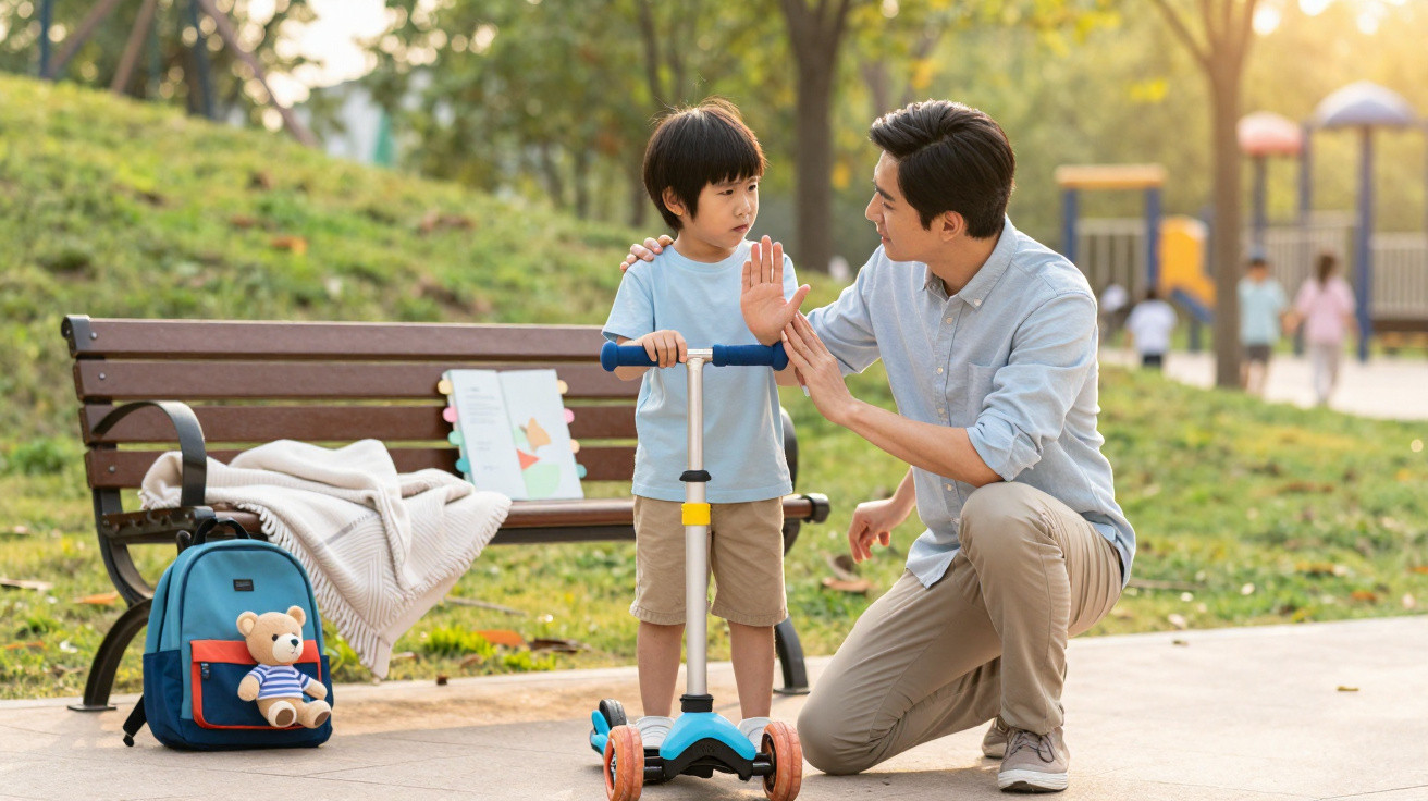 Father kneeling and gently talking to son on scooter in park near bench with backpack and book.