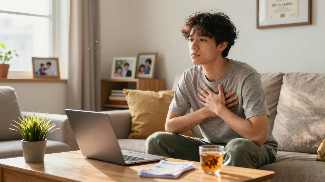 Young man sitting on a sofa clutching his chest, looking distressed during a video call on a laptop.