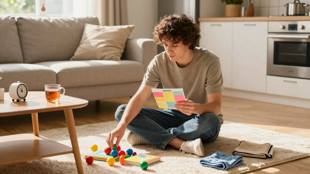 Teenage boy sitting on the floor in a living room, holding colourful cards and playing a game with plastic pieces.