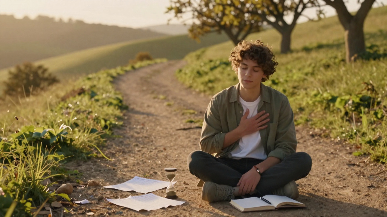 Young man sitting cross-legged on a dirt path, eyes closed, hand on chest surrounded by papers and an hourglass.