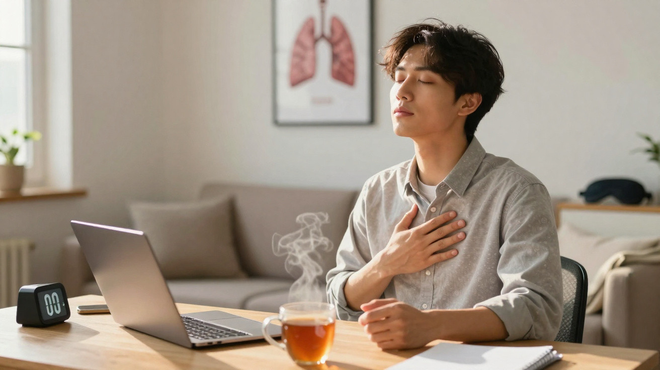 Young man practising deep breathing with hand on chest sitting at wooden desk with tea and laptop