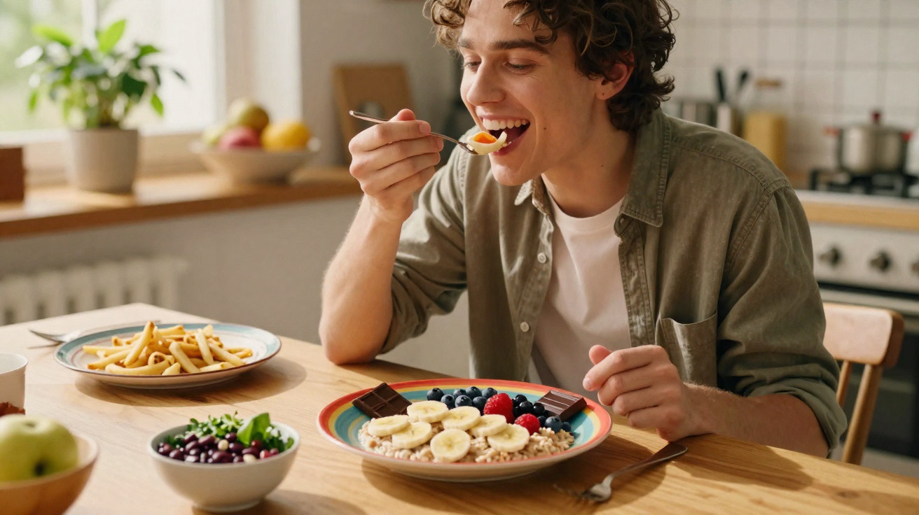 Young man eating a fruit and cereal breakfast at a wooden kitchen table with healthy food bowls nearby.