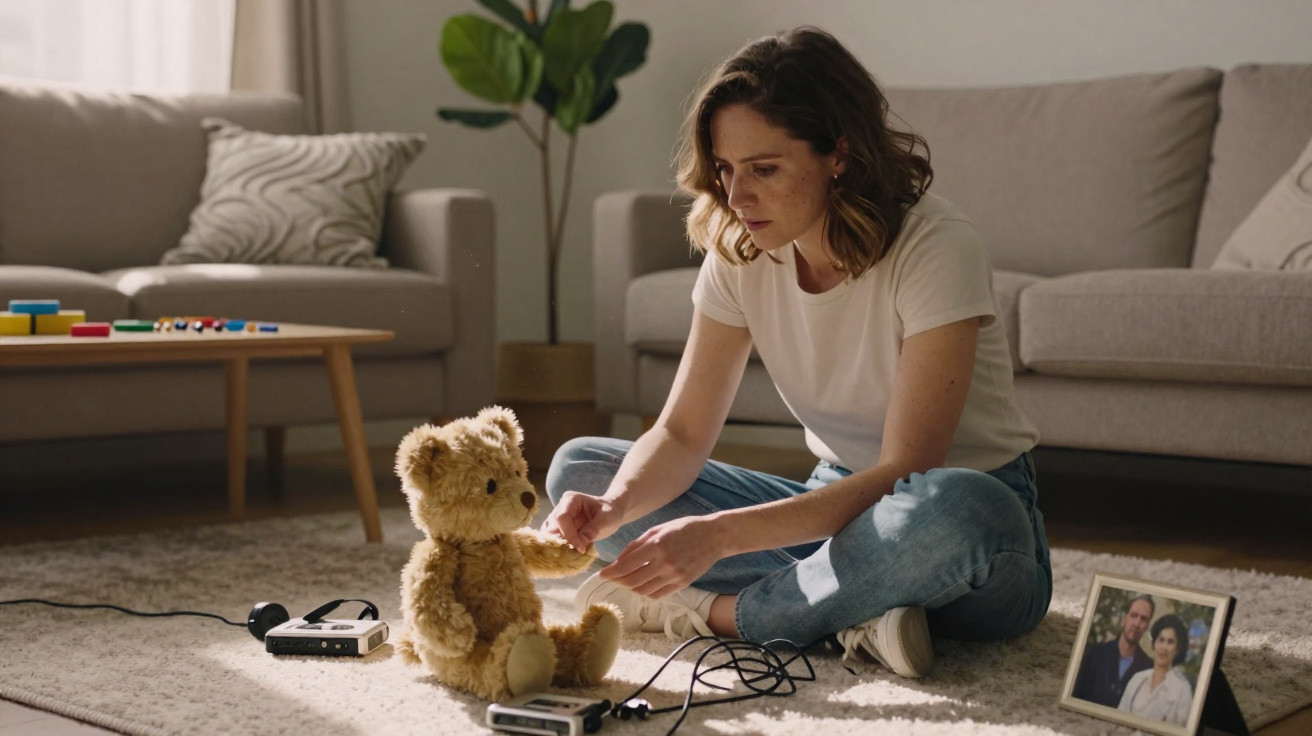 Woman sitting on carpet playing with a teddy bear in a bright living room with family photo nearby
