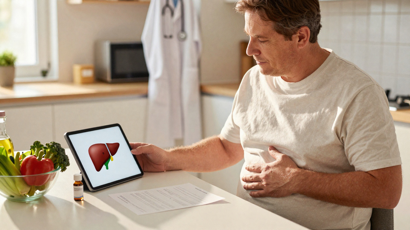 Man holding his stomach and viewing a liver diagram on a tablet in a kitchen.