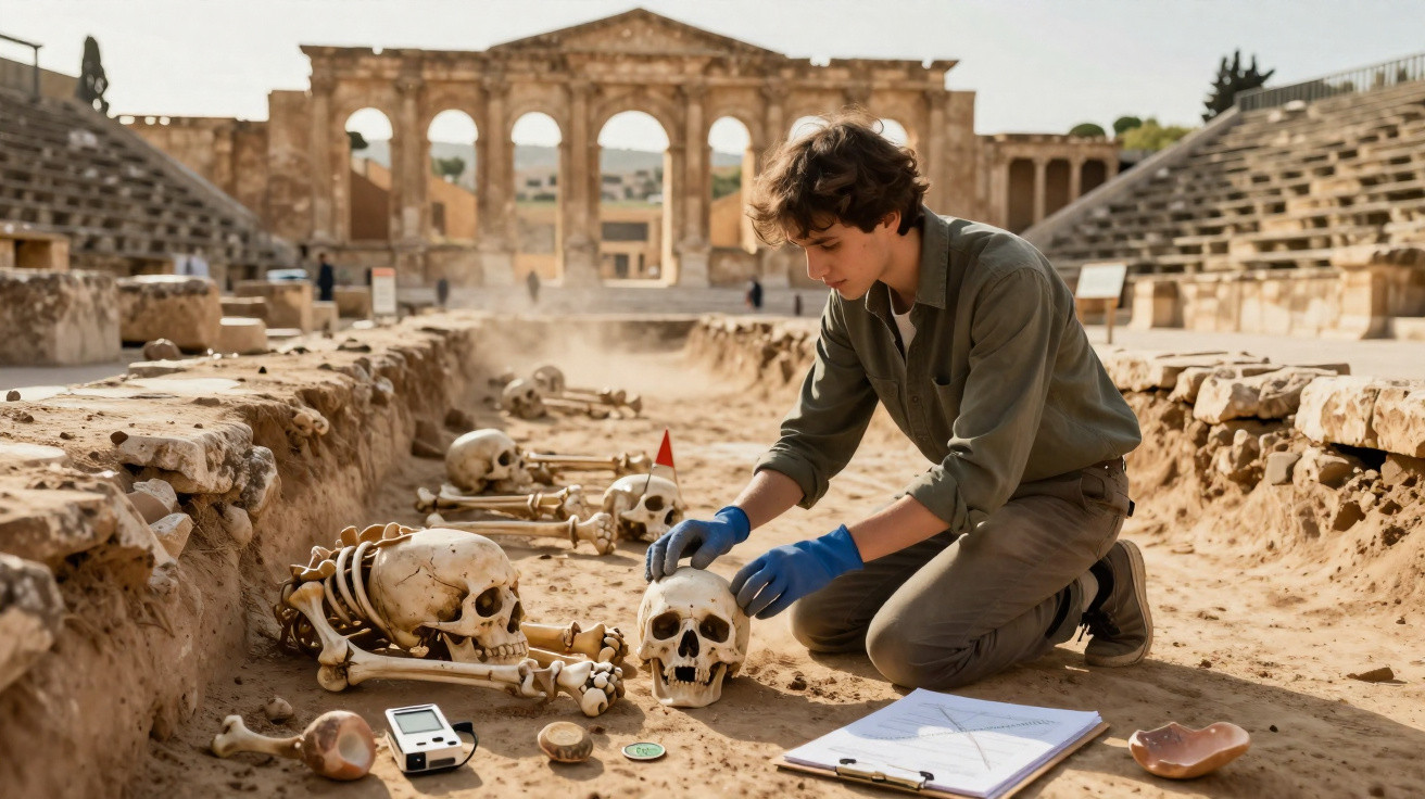 Archaeologist kneeling and examining human skulls in an ancient open-air excavation site with ruins in the background.