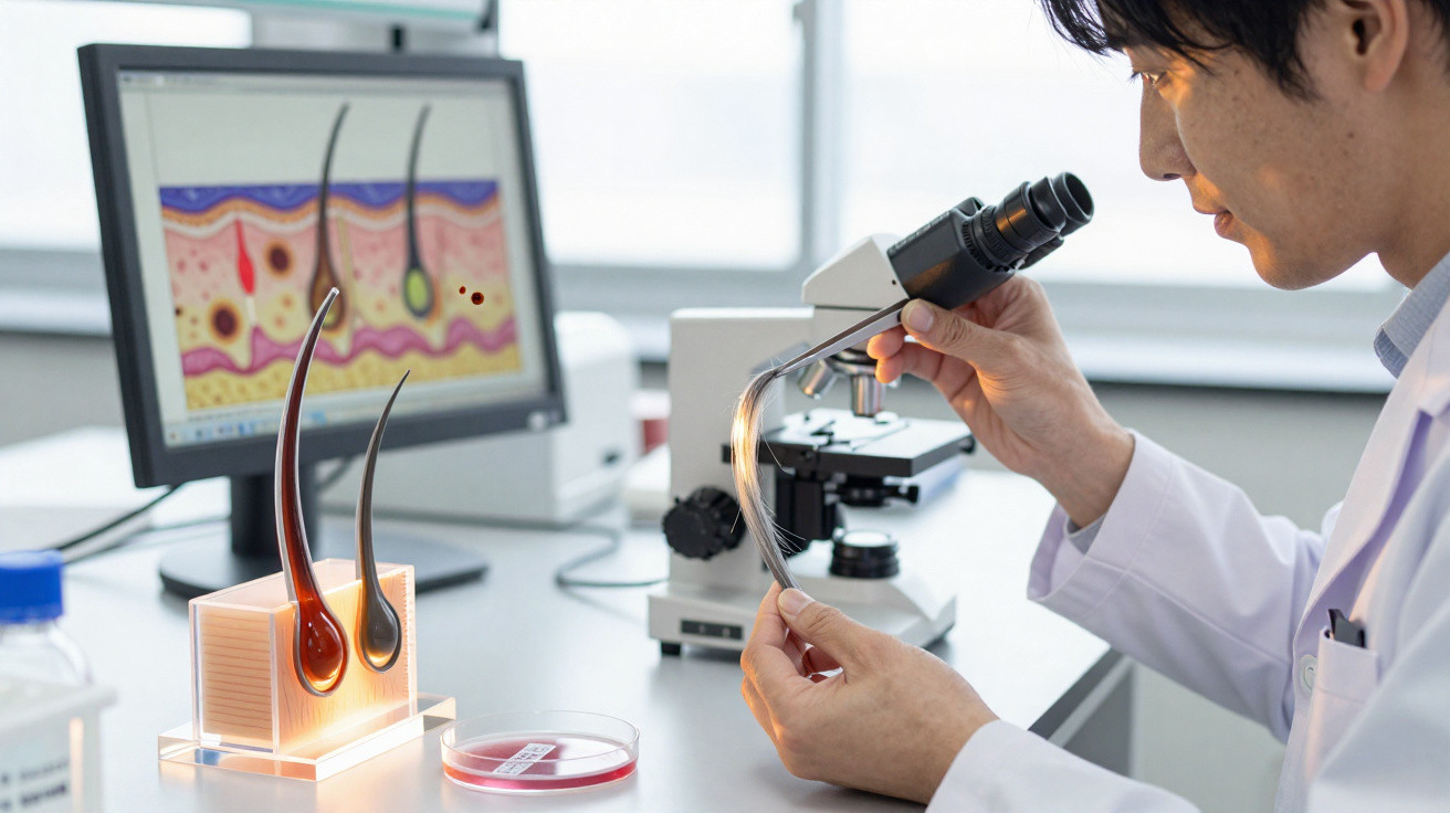 Scientist examining hair samples under microscope in lab with skin diagram on computer screen.