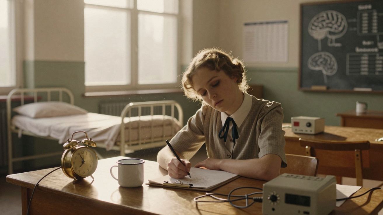 Young woman in vintage clothing writing at a desk in a classroom with a bed and brain diagrams on the wall.