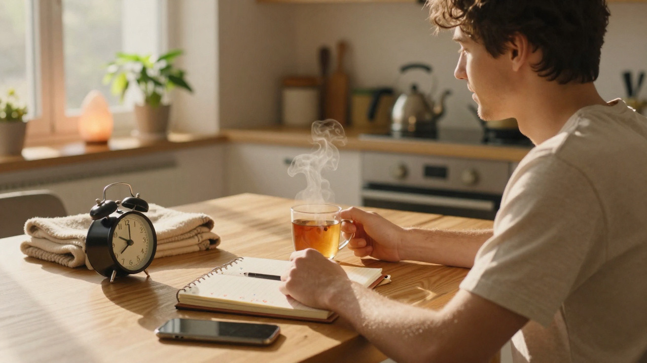 Young man sitting at kitchen table with steaming cup of tea, notebook, phone, and alarm clock showing 7:10.
