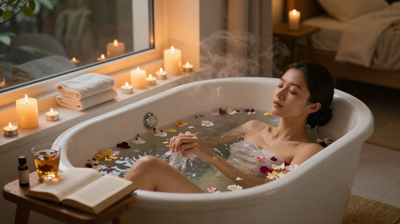 Woman relaxing in a flower petal-filled bathtub surrounded by lit candles and a book by the window.