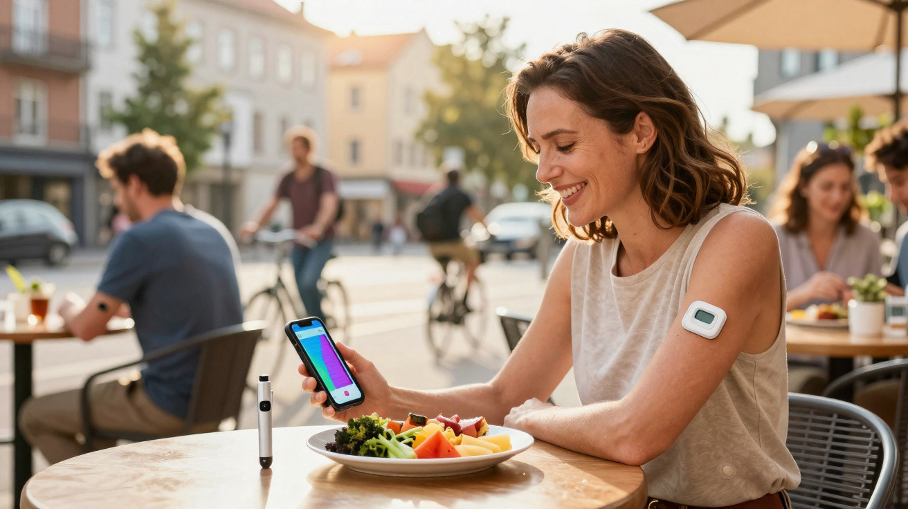 Woman with glucose monitor on arm checks phone app while sitting at outdoor café table with a plate of fruit.