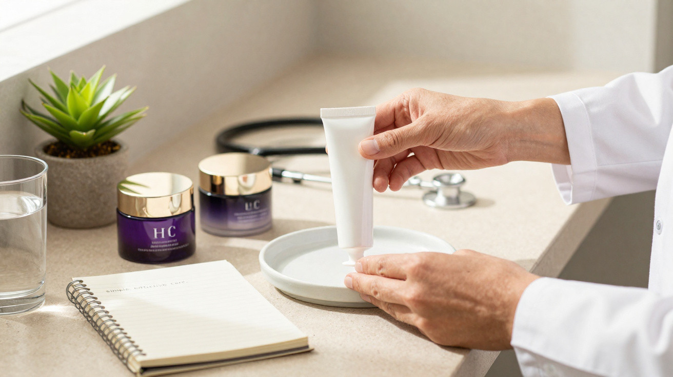 Person in white coat squeezing cream from a tube onto their palm on a countertop with skincare jars.
