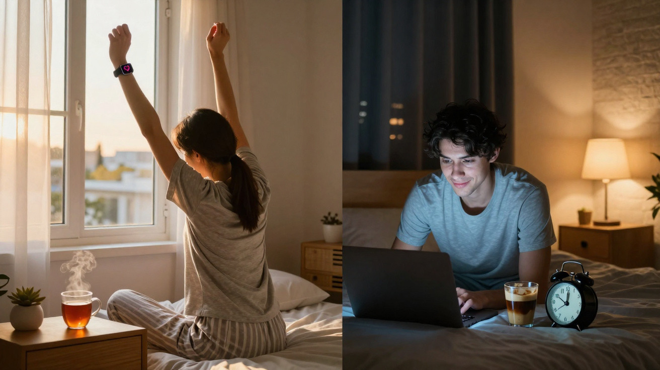 Split image: morning woman stretching in bed by window, evening man using laptop with coffee and alarm clock.