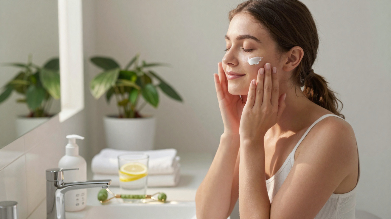 Young woman with hair tied back applying white cream to her cheek in a bright bathroom with plants.