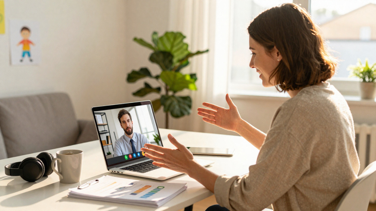 Woman engaging in a video call on a laptop at a bright desk with documents and a coffee mug.
