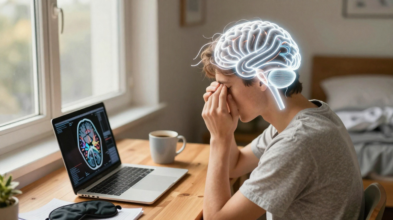 Person with hands on face sitting at desk with brain illustration and brain scan on laptop screen nearby
