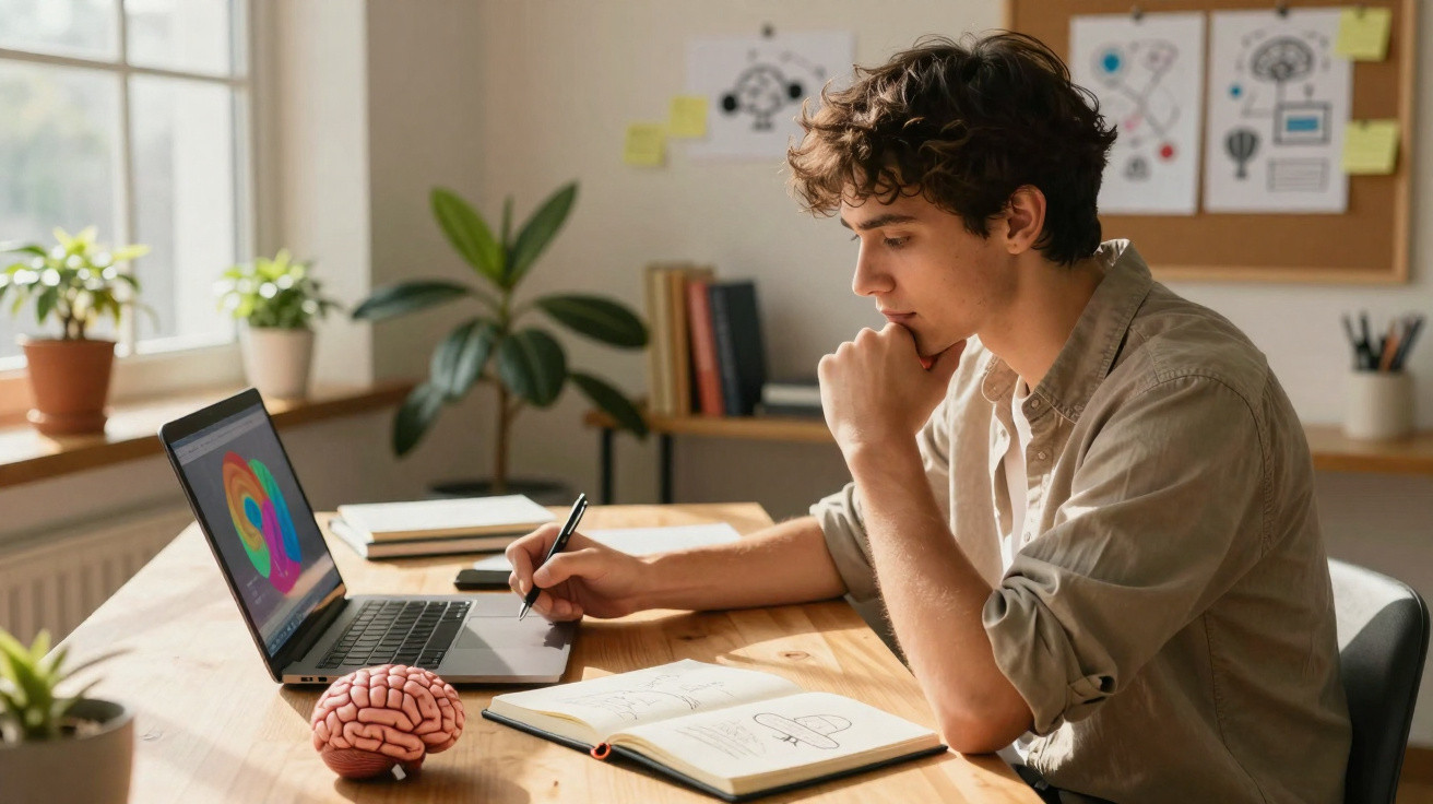 Young man studying neuroscience with brain model, notebook, and laptop showing brain scan at wooden desk.