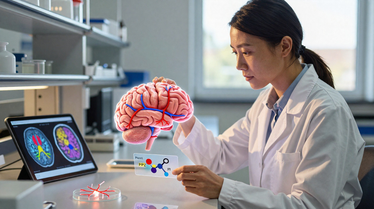Scientist in lab coat examining a 3D brain model with brain scan images on a laptop in the background.