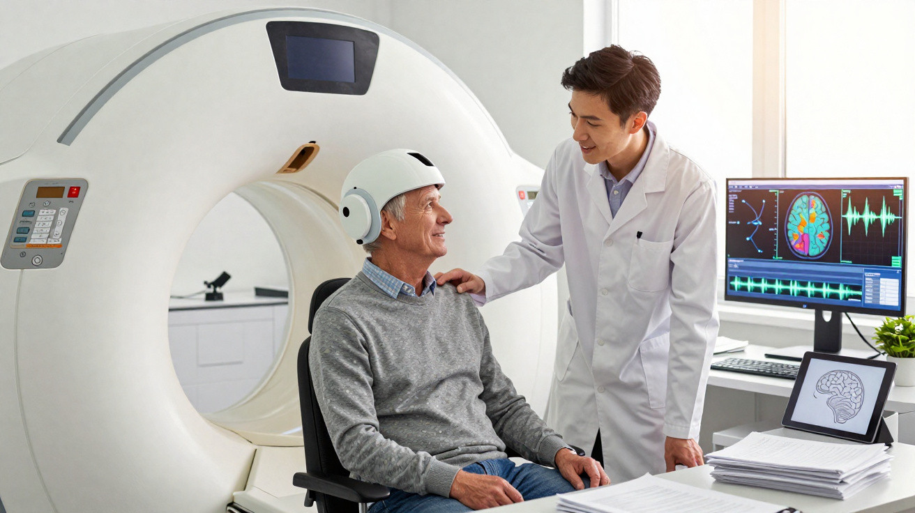 Doctor talking to an elderly male patient wearing a medical helmet near a brain scan machine in a clinic.