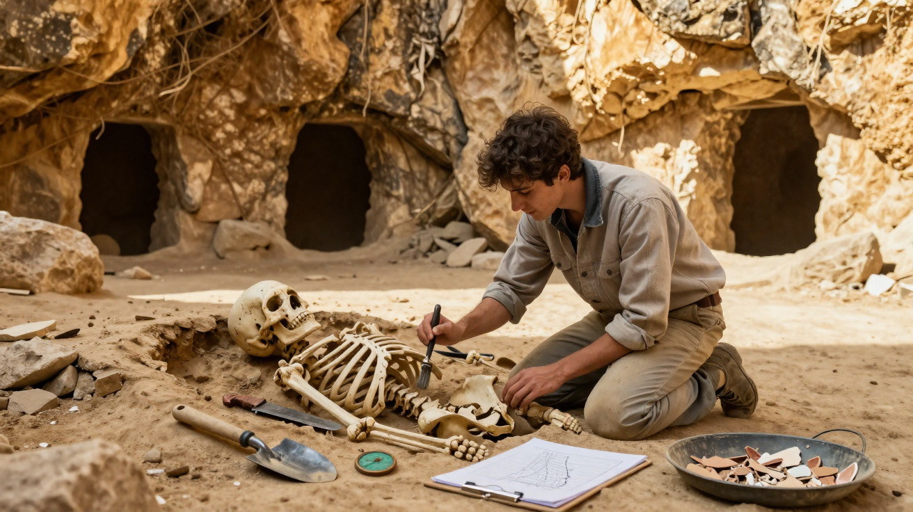 Archaeologist carefully examining and brushing an ancient human skeleton at a cave excavation site.