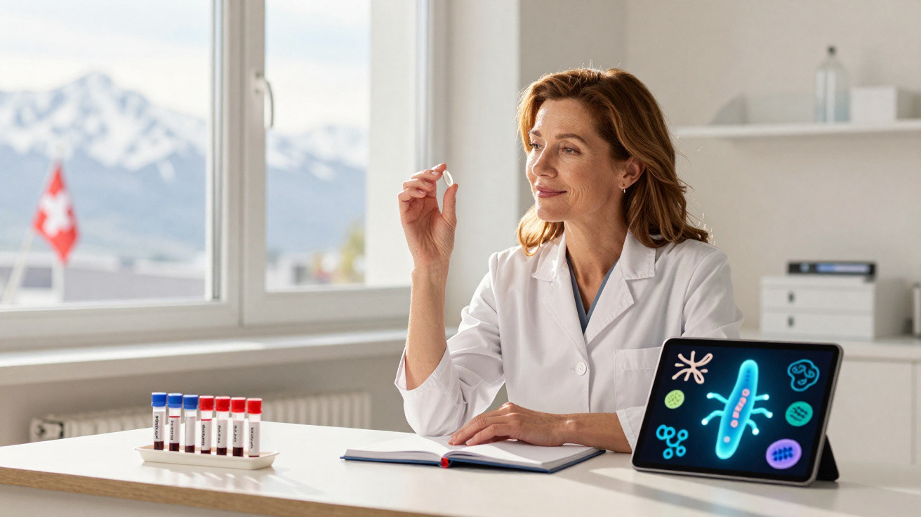 Female scientist in lab coat examining a pill with test tubes and a tablet displaying microbes on a desk.