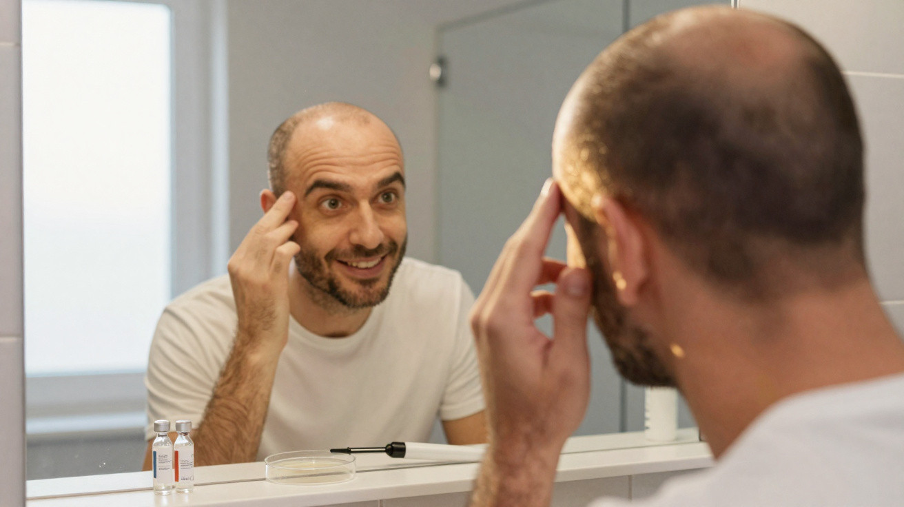 Man examining his scalp in the mirror, possibly checking hair or skin condition in a bathroom.