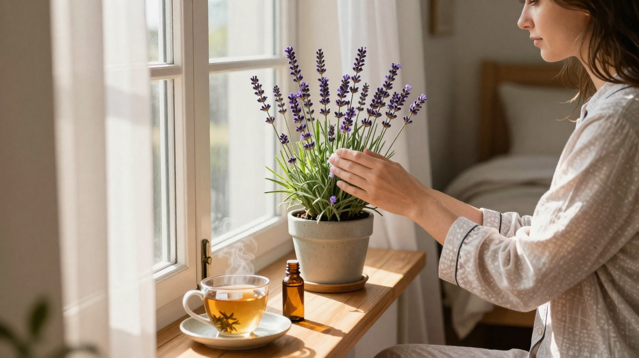 Woman in pajamas touching a lavender plant by a sunny window with a steaming cup of tea and essential oil bottle.