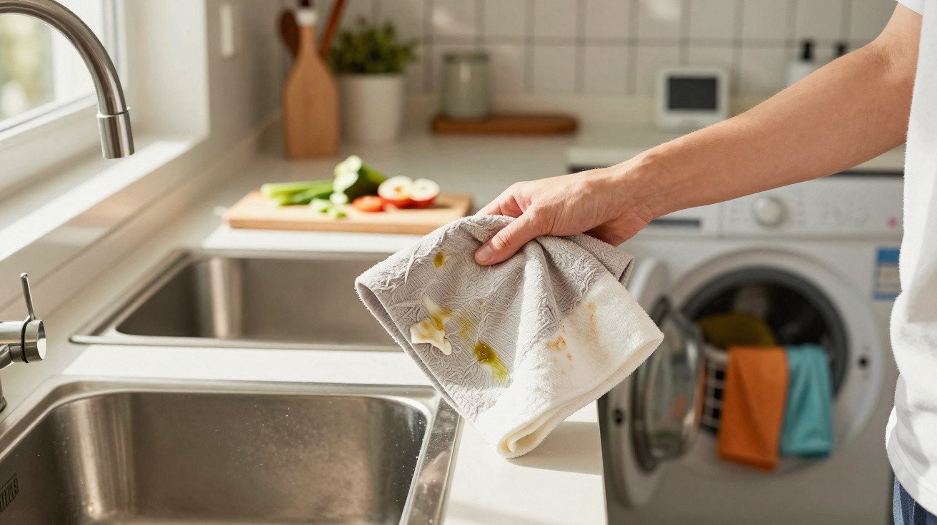 Hand holding a stained cloth above a kitchen sink with a washing machine and cut vegetables in the background.