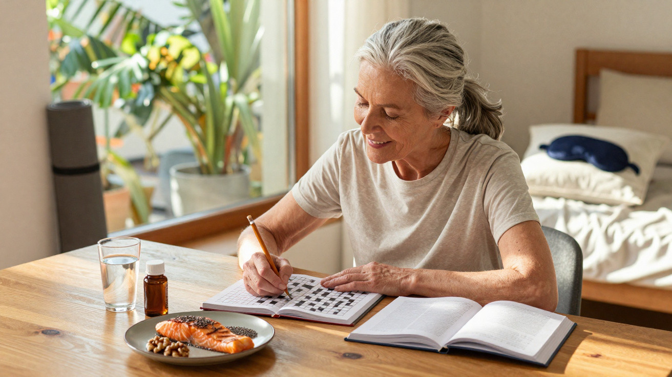 Older woman smiling while solving a crossword puzzle at a wooden table with food and books nearby.