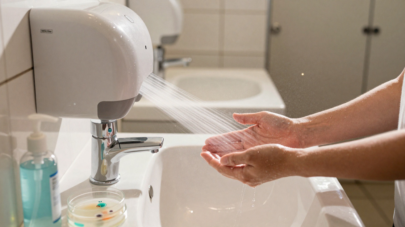 Hands being washed under an automatic soap dispenser with water spraying in a bathroom sink.